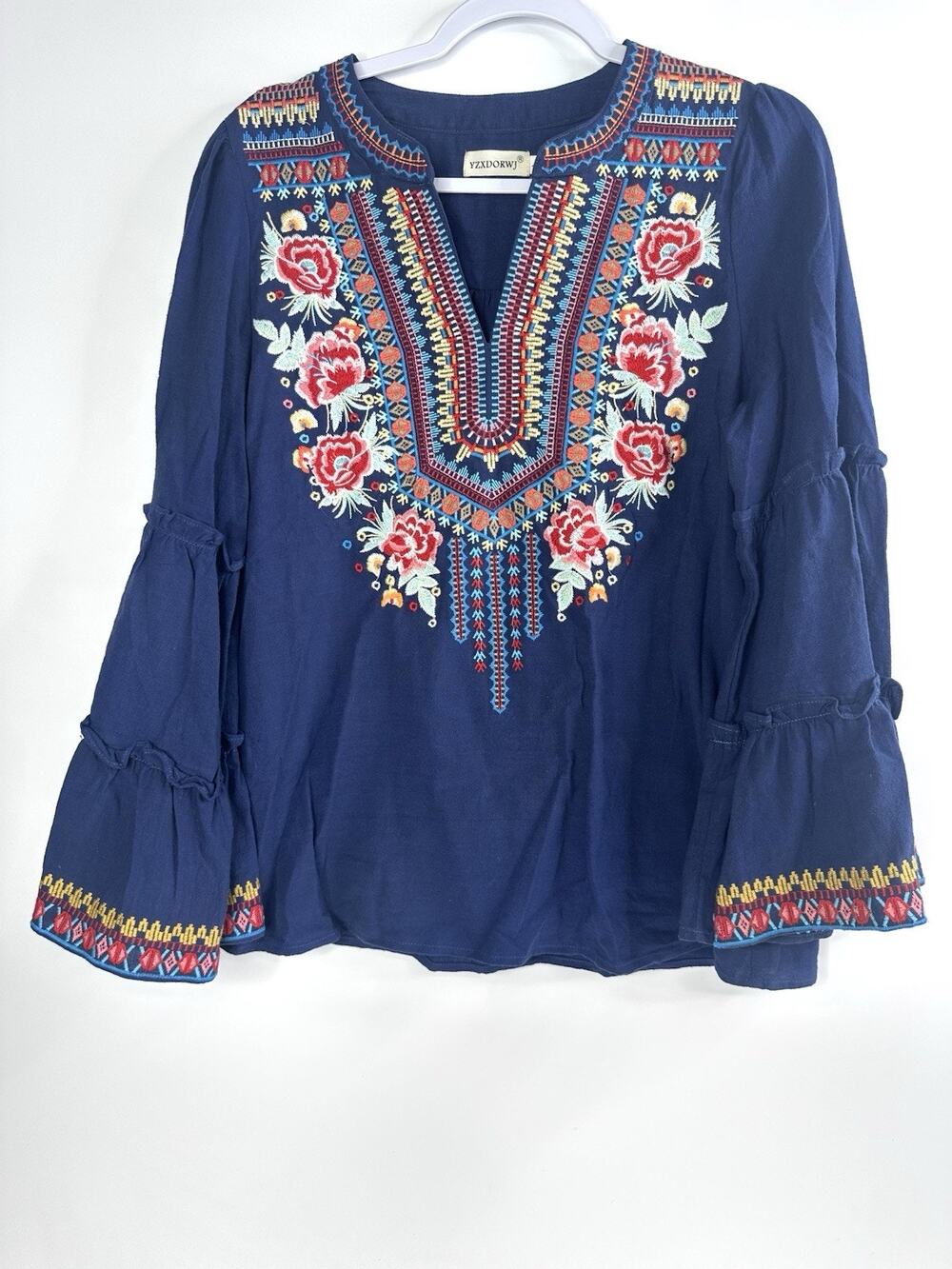 YZXDORWJ Shirt Blue Floral Embroidered Hippie Boho Bell Sleeve Large Mexican